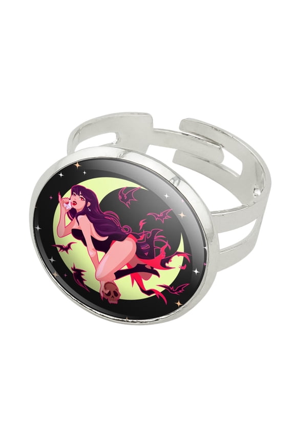 Vampire Girl and Bats Silver Plated Adjustable Novelty Ring