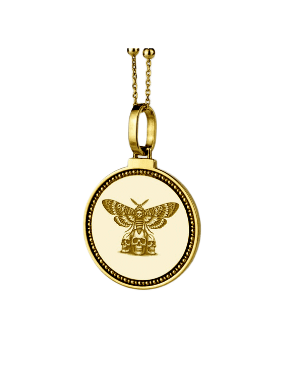 Vampire Moth, Gothic Skull Engraved Pendant Necklace, Gold Plated Brass Round Jewelry with 18 Inch Cable Chain, 24mm Engraved Design Pendant for Men & Women