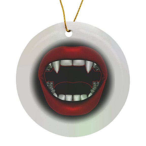 3drose, Vampire Mouth Goth Fangs Design on Dark Background, Circle Porcelain Ornament