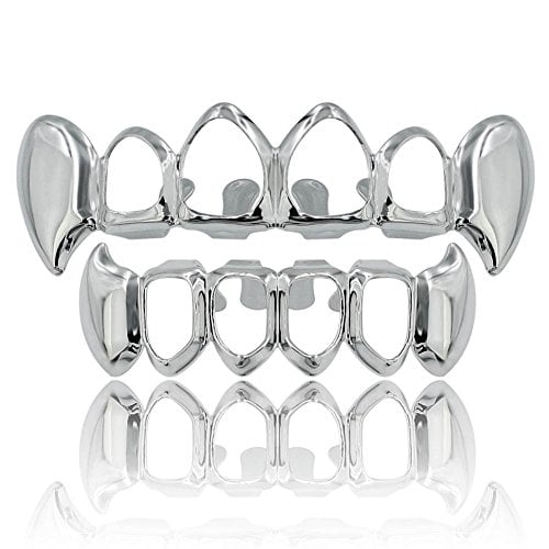 Vampire Teeth Grillz - Grills for Your Teeth,14K Gold Plated Vampire Fangs Open Face Gold Grillz for Men Women Hip Hop Cosplay Rapper Costume Accessory (Extra 2 Molding Bars)