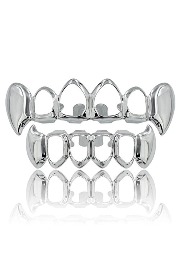 Vampire Teeth Grillz - Grills for Your Teeth,14K Gold Plated Vampire Fangs Open Face Gold Grillz for Men Women Hip Hop Cosplay Rapper Costume Accessory (Extra 2 Molding Bars)