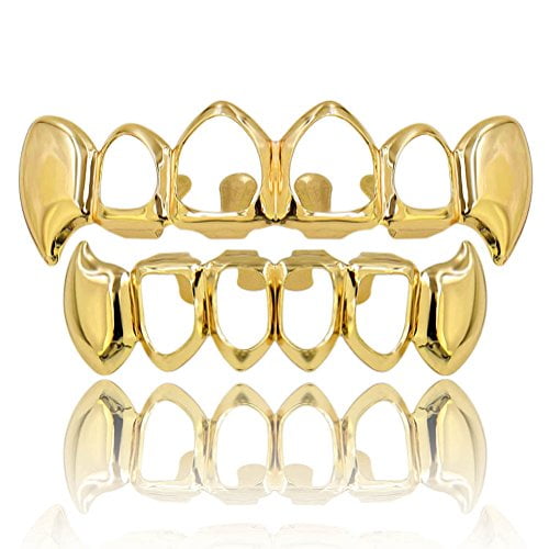 Vampire Teeth Grillz - Grills for Your Teeth,14K Gold Plated Vampire Fangs Open Face Gold Grillz for Men Women Hip Hop Cosplay Rapper Costume Accessory (Extra 2 Molding Bars)