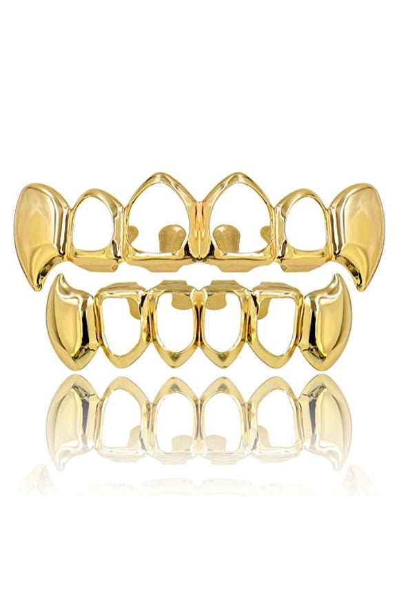 Vampire Teeth Grillz - Grills for Your Teeth,14K Gold Plated Vampire Fangs Open Face Gold Grillz for Men Women Hip Hop Cosplay Rapper Costume Accessory (Extra 2 Molding Bars)