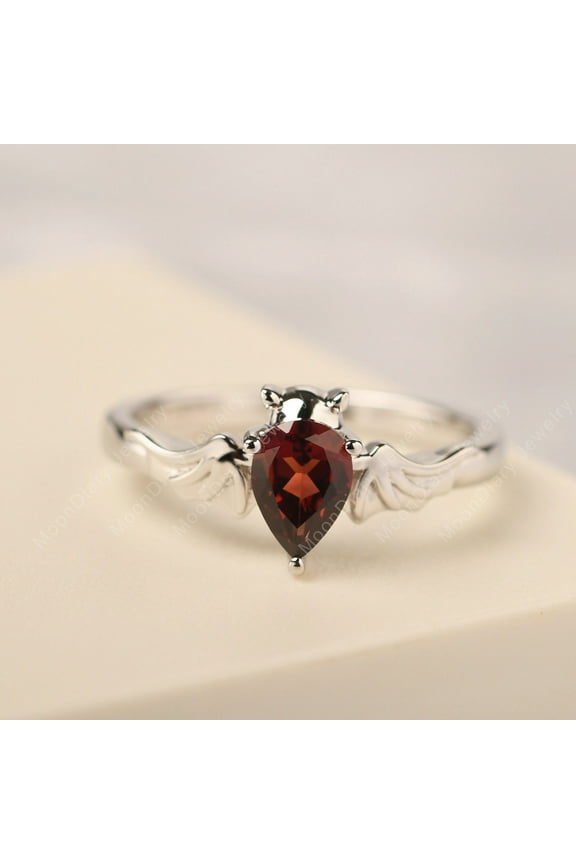 Vampire bat ring real garnet ring pear cut 925 Sterling Silver January birthstone Halloween jewelry