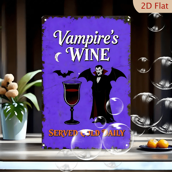 Vampire's Wine Vintage Horror Metal Sign, 8x12 Inch Distressed Purple Wall Art with Gothic Font, Cartoon Vampire & Blood Glass Decor for Halloween Home Bar Party Supplies
