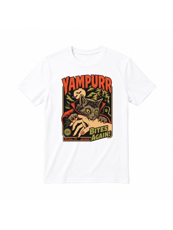 Vampurr Bites Again Funny Vampire Cat Framed Vintage Comic Halloween T-shirt Unisex Short Sleeve Crew Neck Graphic Printed Tee Top for Adults White M