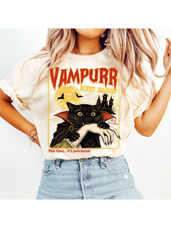 Vampurr Black Cat Halloween Shirt Vampire Cat Graphic Tee Black Spooky Feline Apparel Creepy Cute Animal Top