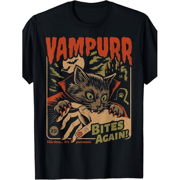 Vampurr Cat Vintage Horror Graphic T‑Shirt, Funny Spooky Halloween Short Sleeve Tee