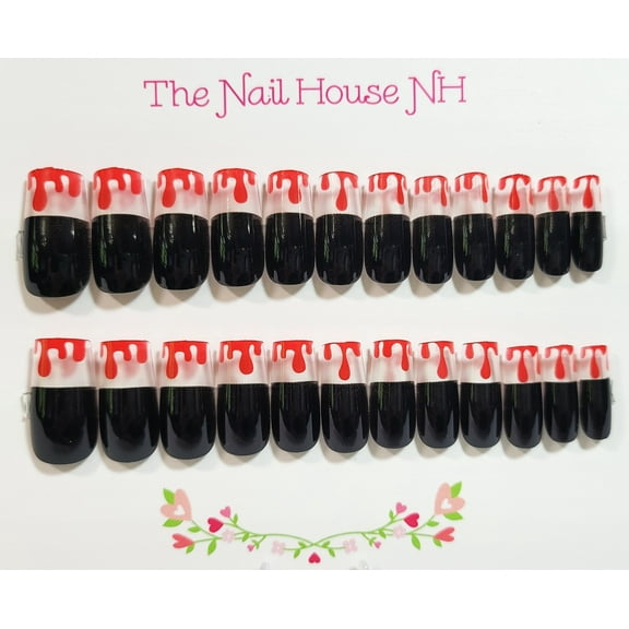 Vampy Vibes French Manicure Glossy Medium Square Press On Nails - 24 Pieces - Artificial Nail Kit - Halloween Nails