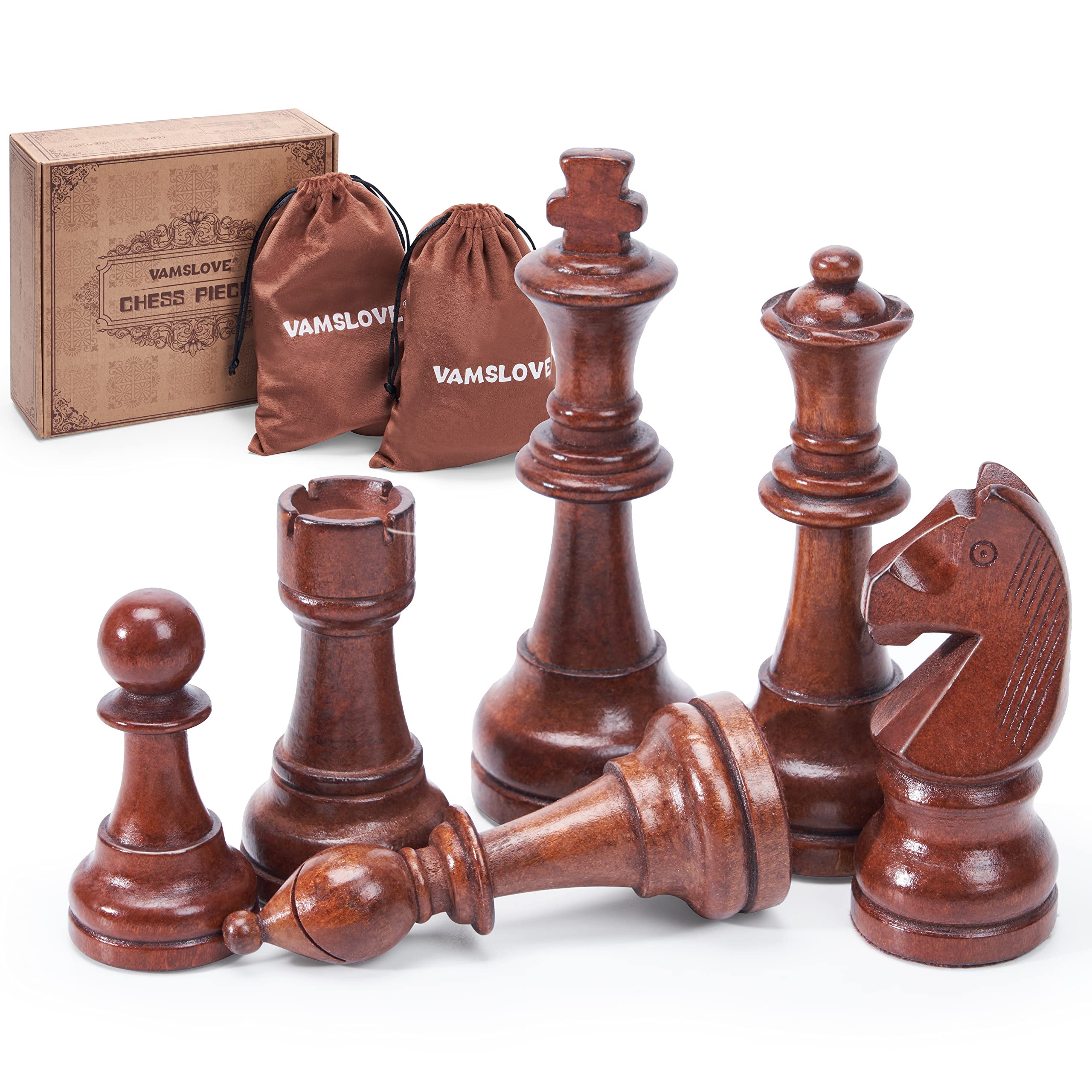 Vamslove Wooden Chess Pieces Large 4.5'' King Set of 32 Luxury Staunton Wood Chessmen for Chess Game Board (Chess Pieces Only), Velvet Storage Bags Included C49