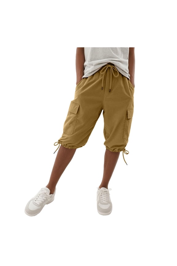 Cargo Shorts for Women Baggy Drawstring Bermuda Shorts 2026 Summer Knee Length Casual Capri Shorts Loose Fit Wide Leg Short with Pockets Khaki L