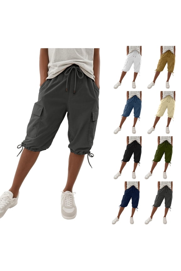 Cargo Shorts Womens Knee Length Drawstring Bermuda Shorts Summer 2026 Baggy Casual Short Loose Fit Plus Size Capri Shorts with Pockets Beige 2XL