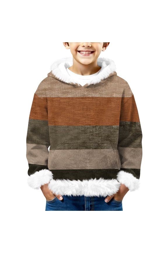 Christmas Faux Fur Hoodie Kids Y2k Santa Printed Hoodies Santa Fleece Sherpa Lined Winter Pullover Fuzzy Dressy Sweater with Pocket Brown 3-4 years