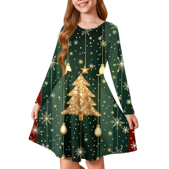 Vamuko Christmas Flared Dresses for Girls Above Red with Green Xmas Holiday a Line Dresses Long Sleeve Oversized Swing Dress Crewneck Snowflake Fashion Party Cocktail Dress Dark Green 14-15 Years