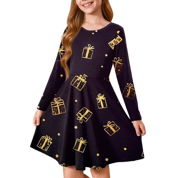 Vamuko Christmas a Line Dresses for Girls Below the Knee Nordic Print Lightweight Flared Dresses Above Oversized Swing Dress Crewneck Christmas Tree Unique Party Cocktail Dress Dark Gray 8-9 Years
