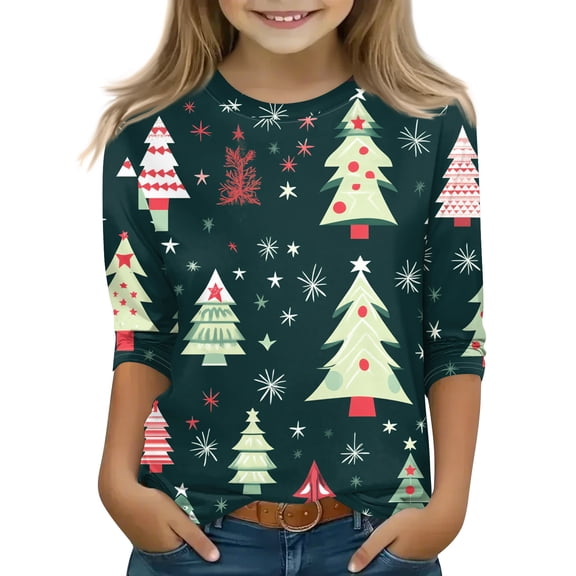 Vamuko Christmas Shirts for Girls 3/4 Length Sleeve Christmas Tree Oversized T-Shirts Graphic Crew Neck Clothes Red with Green Loose Fit Clothing Merry Christmas Dressy Pullover Green 12-13 Years