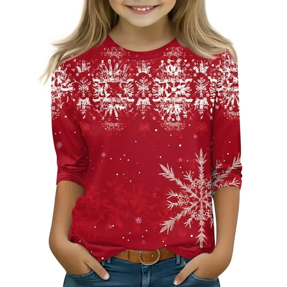 Vamuko Christmas T-Shirts for Girls 3/4 Length Sleeve Merry Christmas Plus Size Shirts Santa Claus Crew Neck Clothes Snowflake Funny Tops Christmas Tree Comfort Pullover Deep Red 8-9 Years