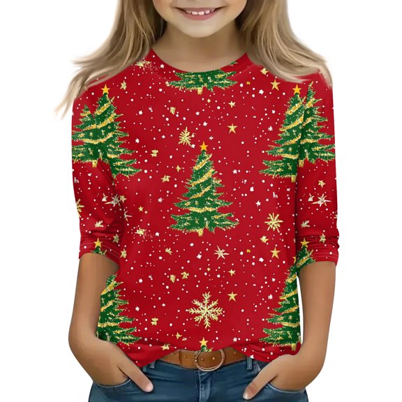 Vamuko Christmas T-Shirts for Girls Crew Neck Graphic Plus Size Shirts Christmas 3/4 Length Sleeve Clothing Snowflake Soft Tops Red with Green Fashion Pullover Hot Pink 8-9 Years