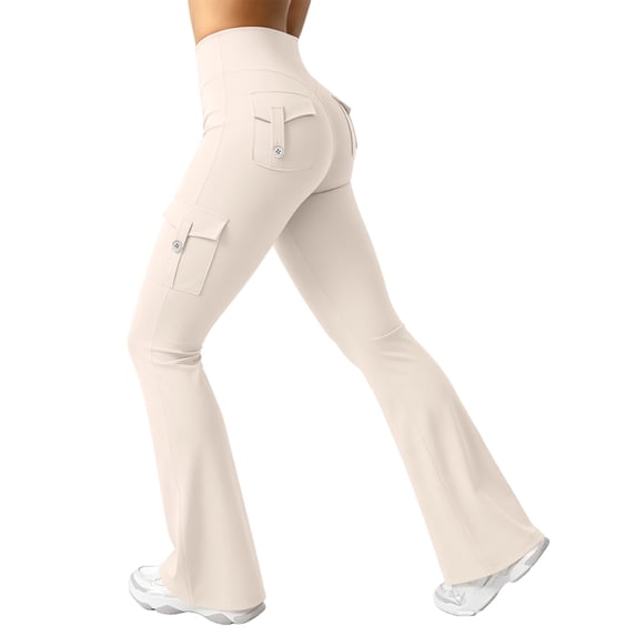 Vamuko Flared Yoga Pants for Women High Waisted Leggings with Pockets | High waisted flare yoga pants with cargo pockets,stretchy fabric,for yoga ,Pilatesbarre and low- workouts Beige S