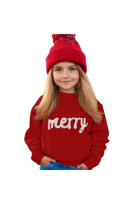 Girl Merry Christmas Tops Long Sleeve Letter Printed Plus Size Sweatshirt Solid Color Graphic Casual Pullover Crewneck Clothes Comfy Unique Shirts Red 4-5 Years