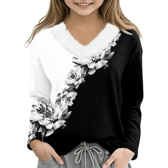 Vamuko Girls Christmas Faux Fur Shirts Long Sleeve Snowman Shirt V Neck Plaided Furry Tops Loose Warm Pullover Black 9-10 years
