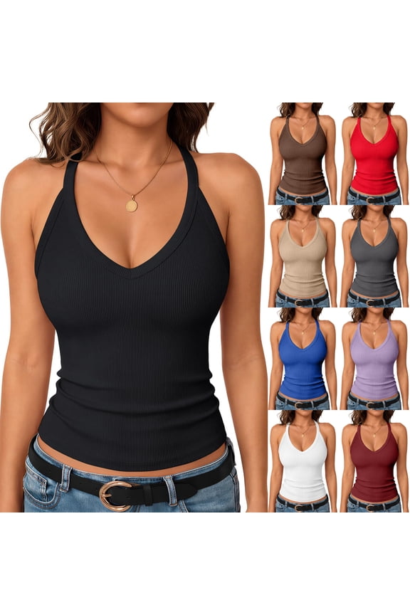 Halter Tank Tops for Women V Neck Sleeveless Tops 2026 Summer Ribbed Crop Elegant Going Out Racerback Camisole Lightweight Tight Y2k Shirts Black 2XL