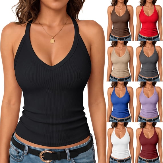 Vamuko Halter Tank Tops Womens Ribbed Sleeveless Tops Summer 2026 V Neck Slim Fit Active Workout Tight Camisole Racerback Crop Basic Shirts Red M
