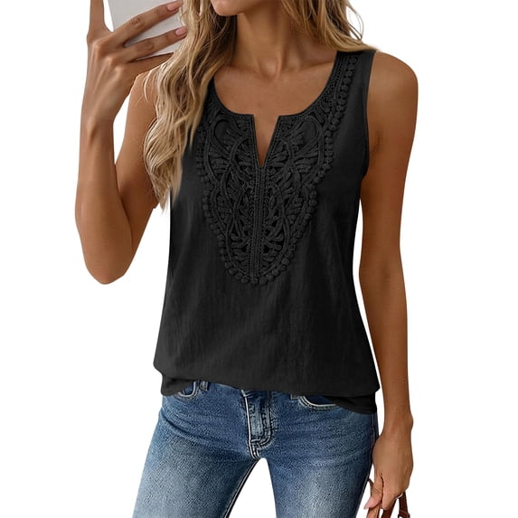 Vamuko Linen Tank Tops Women V Neck Embroidered Tops 2026 Summer Sleeveless Casual Resort Loose Fit Cami Solid Floral Flowy Daily Shirts Black S
