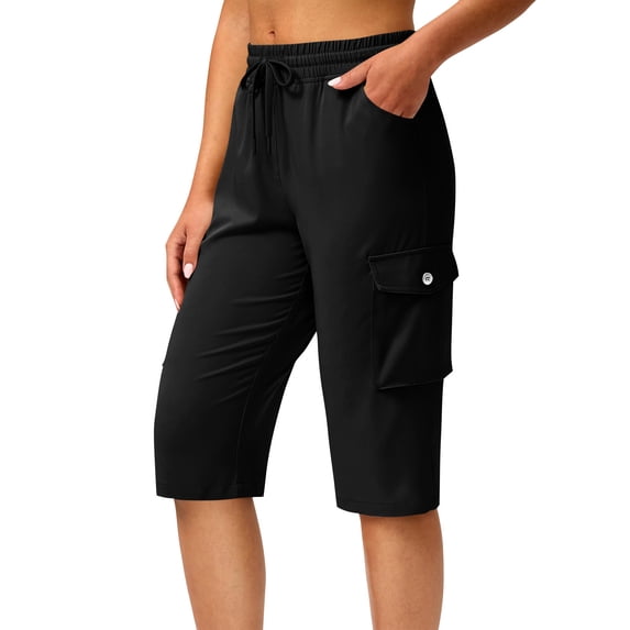 Vamuko Long Shorts for Women Lightweight Quick Dry Hiking Cargo Shorts with Pockets Summer Drawstring Bermuda Short Black 2XL