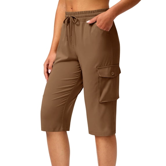 Vamuko Long Shorts for Women Lightweight Quick Dry Hiking Cargo Shorts with Pockets Summer Drawstring Bermuda Short Coffee M