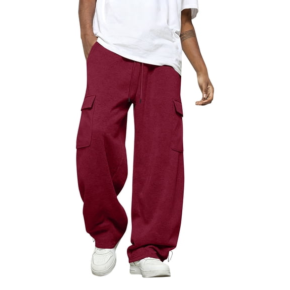 Dresfit Cargo Sweatpants Men Baggy Wide Leg Pants Fleece Open Bottom Drawstring Joggers Loose Fit Heavyweight Hiking Trousers with Pockets Wine S
