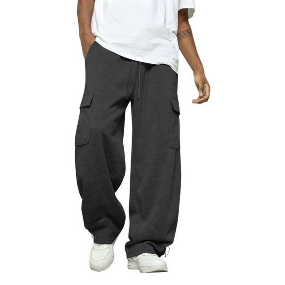 Vamuko Mens Wide Leg Sweatpants Baggy Cargo Pants Fleece Open Bottom Drawstring Joggers Cotton Loose Fit Gym Trousers with Pockets Dark Gray 3XL