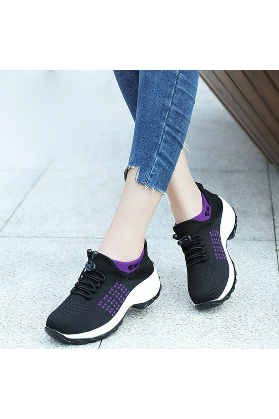 Platform Sneakers Women 2025 Orthopedic Wedge Slip on Sneakers Air Cushion Travel Footwear Lightweight Thick Bottom Wide Toe Box Shoes Dark Purple 11