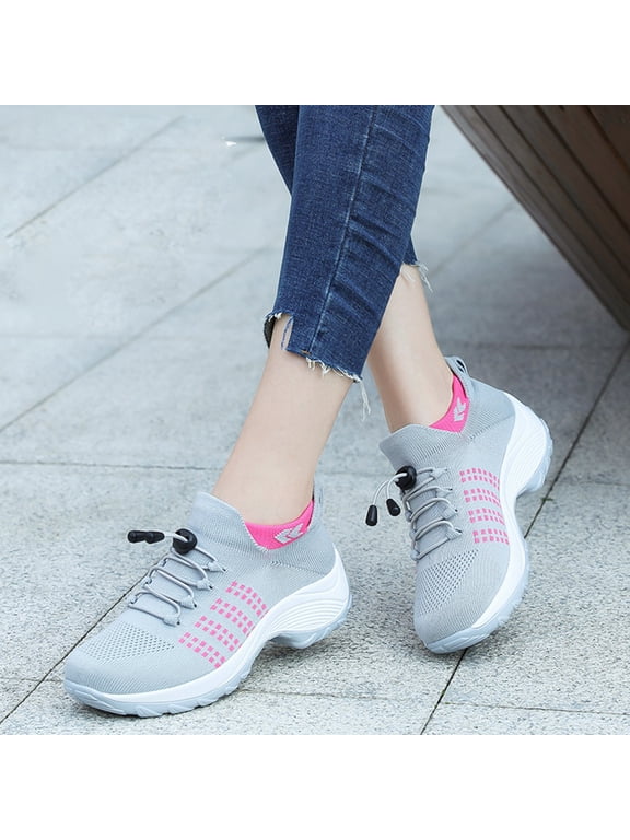 Platform Sneakers Womens 2025 Air Cushion Wedge Wide Toe Box Shoes Orthopedic Gym Footwear Modern Jazz Dance Stretch Slip on Sneakers Gray 9