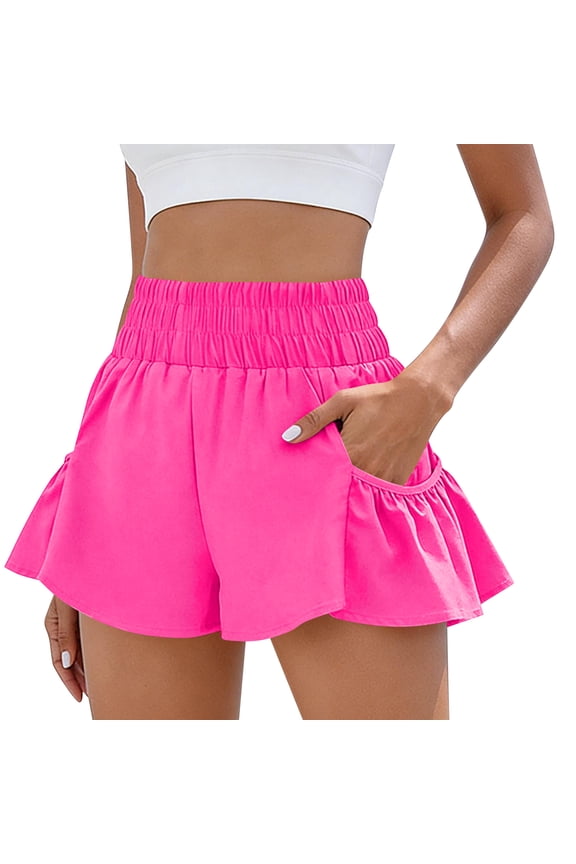 Ruffle Shorts Woman Drawstring Flowy Shorts Summer 2026 Lightweight Butterfly Gym Short Pants High Waisted Quick Dry Athletic Short with Pockets Hot Pink S