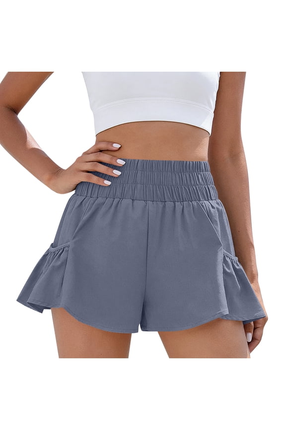 Ruffle Shorts Woman Flowy Drawstring Shorts Summer 2026 Quick Dry Butterfly Workout Short Lightweight High Waisted Athletic Short Pants with Pockets Blue L