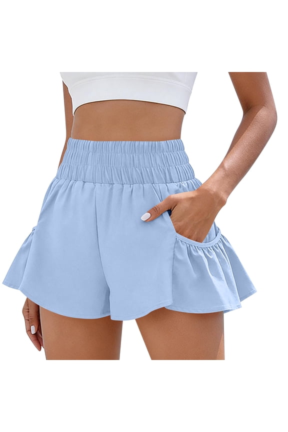 Ruffle Shorts for Women Flowy Drawstring Shorts 2026 Summer Lightweight Butterfly Workout Short Quick Dry Solid Color Running Short Pants with Pockets Sky Blue 2XL