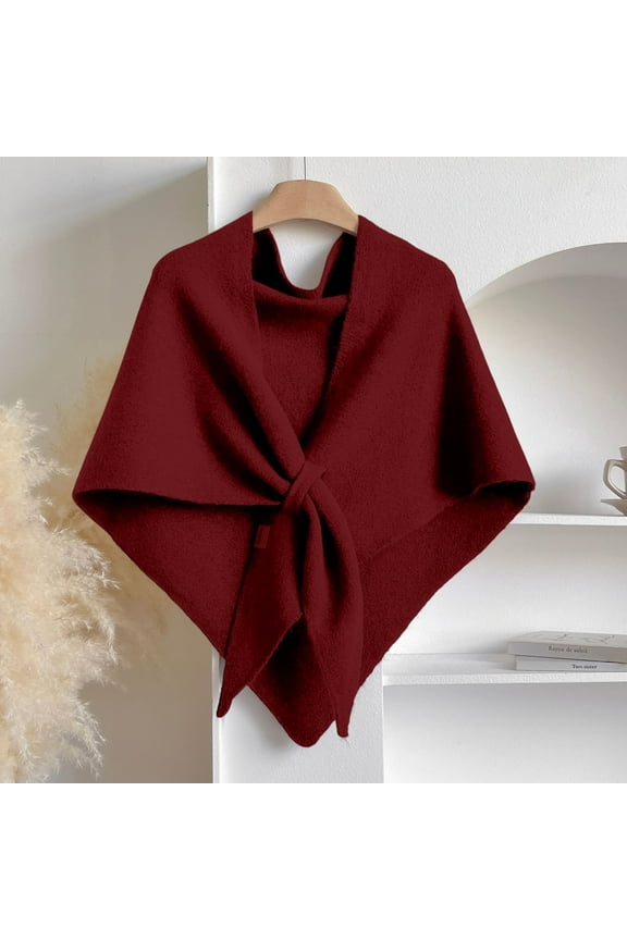 Women's Pashmina Wraps Triangle Knit Winter Loop Shawls Scarf Triangle Y2k Comfortable Cardigan Knotted Warm Versatile Poncho Elegant Trendy Cape Wine
