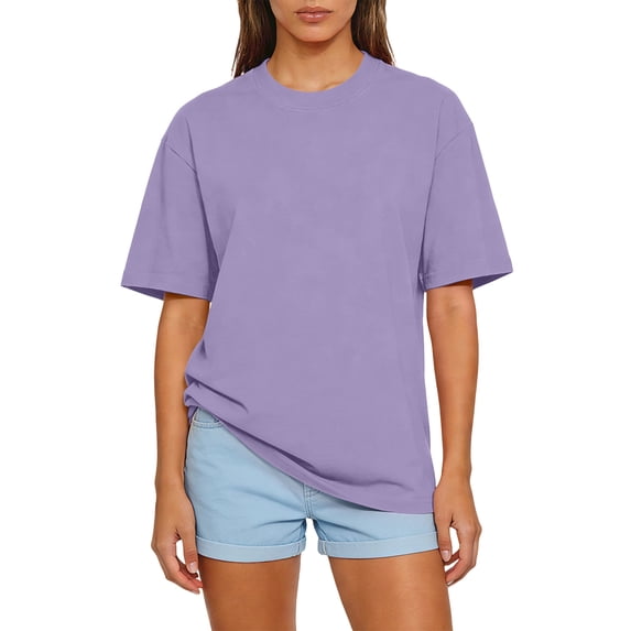 Vamuko Shirts for Women Short Sleeve Crew Neck Tops 2026 Summer Solid Color Boyfriend Everyday T Shirts Loose Fit Lightweight Cotton Vintage Basic Tee Light Purple 2XL