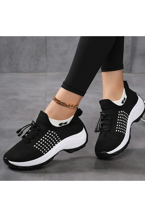 Slip on Sneakers Women 2025 Wedge Air Cushion Wide Toe Box Shoes Orthopedic Running Knit Sneakers Thick Bottom Modern Jazz Dance Platform Sneakers Black 8