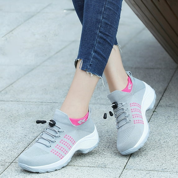 Vamuko Walking Shoes for Women 2025 Air Cushion Orthopedic Slip on Sneakers Wedge Running Knit Sneakers Lightweight Non-Slip Platform Sneakers Gray 11