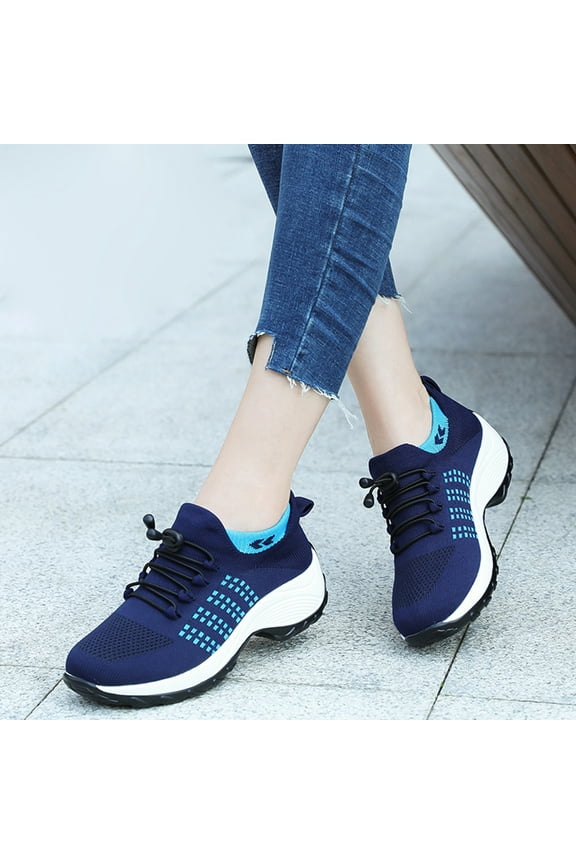 Walking Shoes for Women 2025 Air Cushion Orthopedic Wide Toe Box Shoes Wedge Running Footwear Non-Slip Stretch Cushion Platform Sneakers Blue 7.5