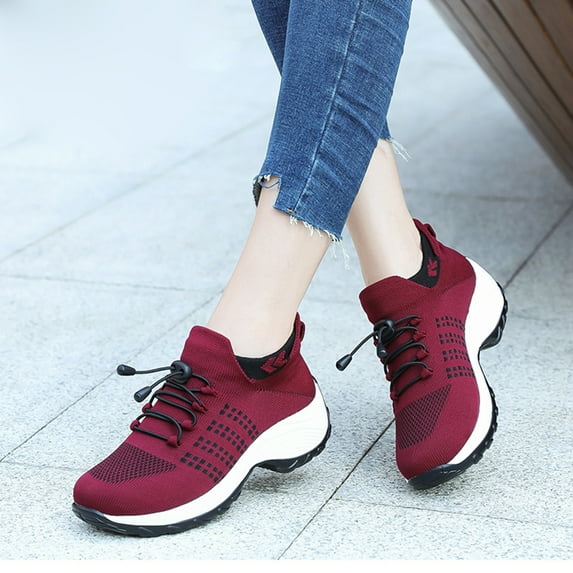 Vamuko Walking Shoes Womens 2025 Wedge Air Cushion Platform Sneakers Orthopedic Travel Knit Sneakers Stretch Cushion Non-Slip Slip on Sneakers Wine 10.5