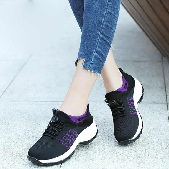 Vamuko Wide Toe Box Shoes Womens 2025 Wedge Orthopedic Slip on Sneakers Air Cushion Travel Footwear Thick Bottom Stretch Platform Sneakers Dark Purple 8.5