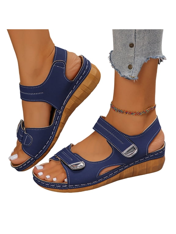 Women Sports Platform Sandals 2026 Summer Orthopedic Sandals Arch Support Wide Width Casual Slide Open Toe Walking Sandals With Hook Loop Blue