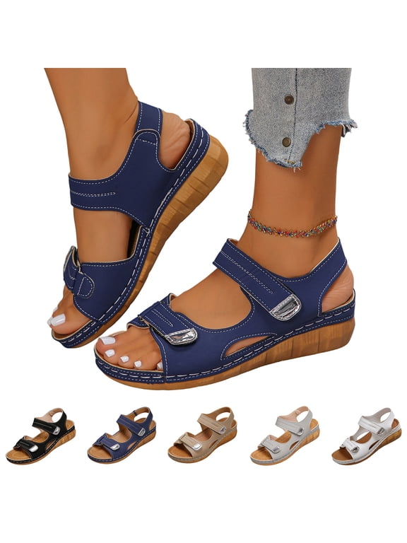 Women's Orthopedic Sandals With Cushion Foam Arch Support Wide Width Walking Sandal 2026 Summer Open Toe Orthopedic Sandals Dressy With Hook Loop Blue
