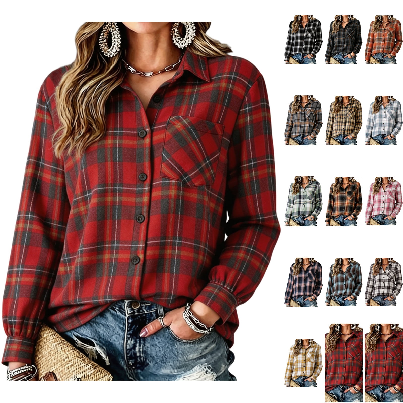 Red Foshon Vamuko Women's Plaid Flannel Shirts Fashion Long Sleeve Button Down ...