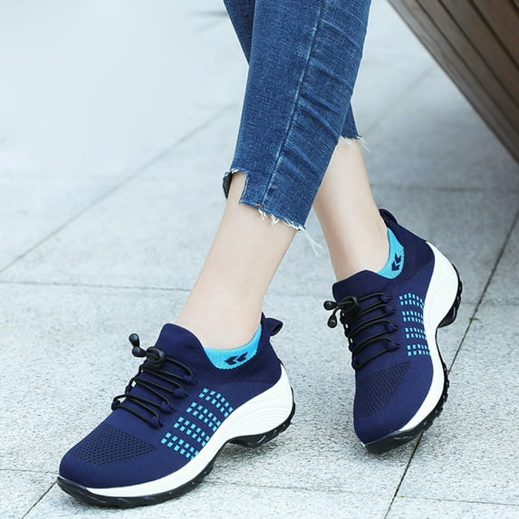 Vamuko Women's Platform Sneakers 2025 Wedge Air Cushion Walking Shoes Orthopedic Running Platform Loafers Stretch Non-Slip Wide Toe Box Shoes Blue 5.5