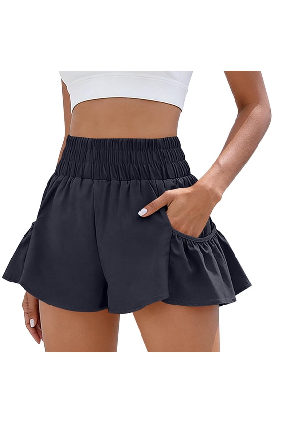 Women's Ruffle Shorts Flowy Drawstring Shorts Summer 2026 Solid Color Butterfly Workout Short High Waisted Quick Dry Athletic Short Pants with Pockets Black S