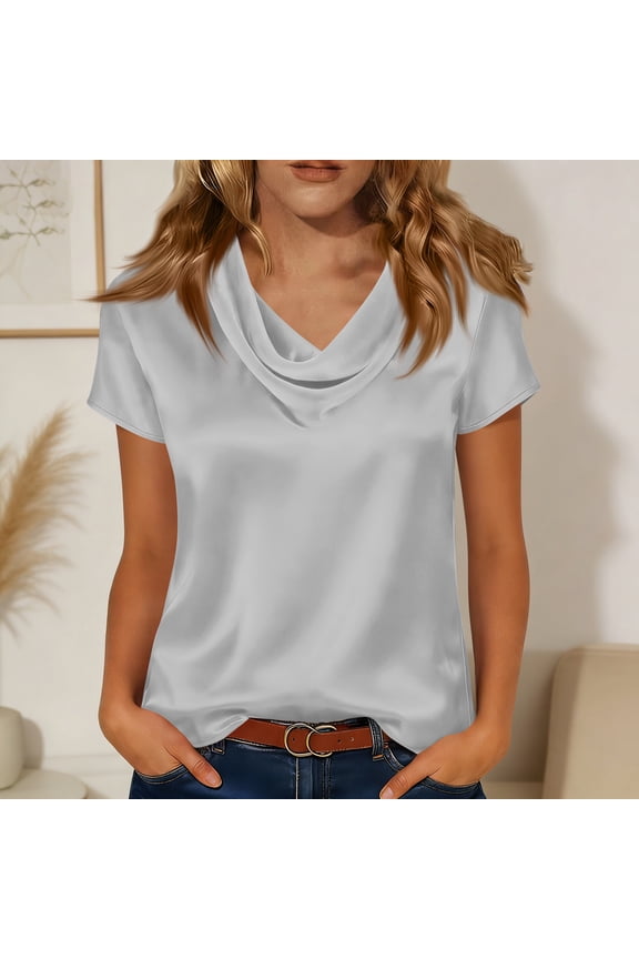 Women's Shirts Cowl Neck Stain Tops 2026 Summer Short Sleeve Dressy Solid Color Office Blouses Knit Elegant Lightweight Loose Shirt Light Gray S